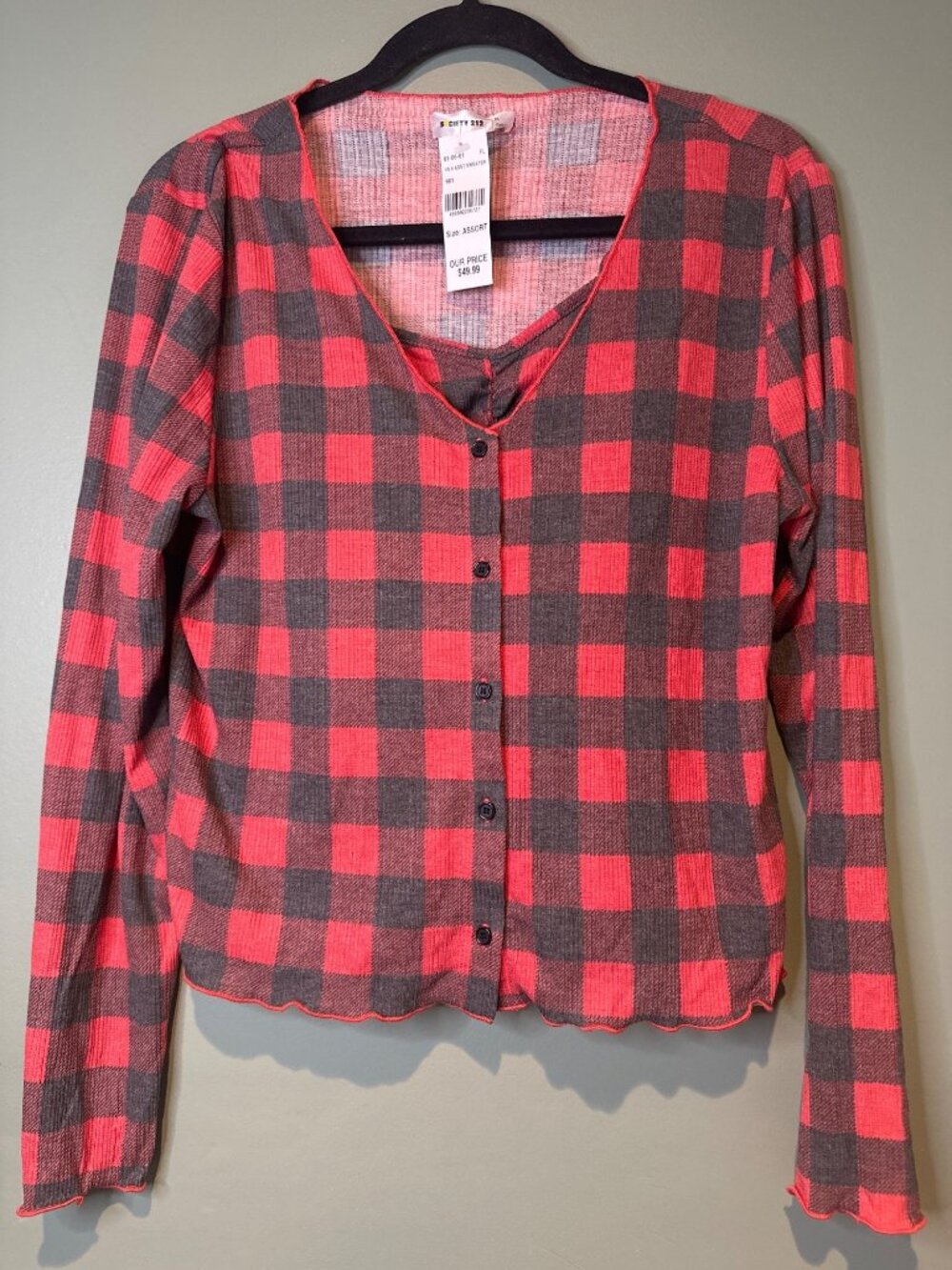 NWT Society 212 Buffalo Plaid Twinset Top XL Red Black Layered Fall Cottagecore